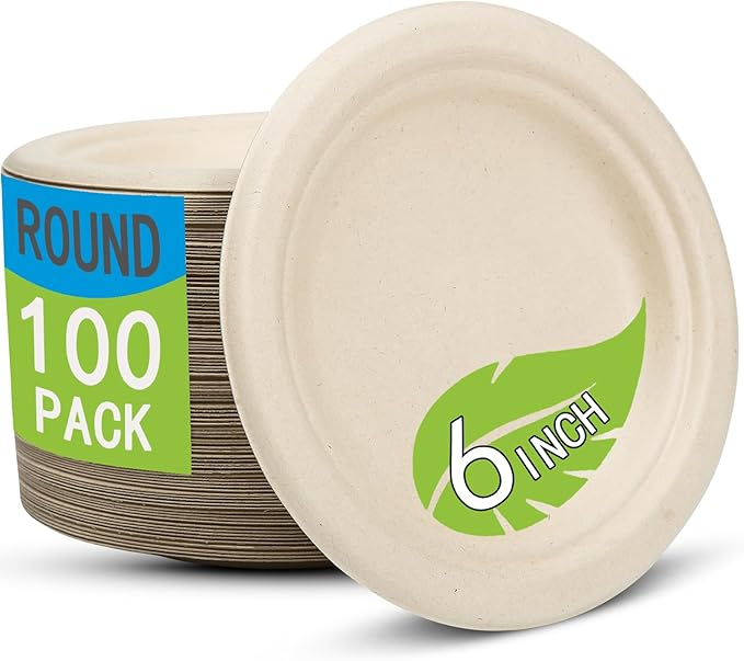 Disposable Small Paper Plates 6 Inch (Brown) - 100 Counts Heavy Duty Natural Bagasse Plates, Compostable & Leak-Proof, Microwave Safe for Birthday Party Desserts & Appetizer & Picnic Snacks, BBQ