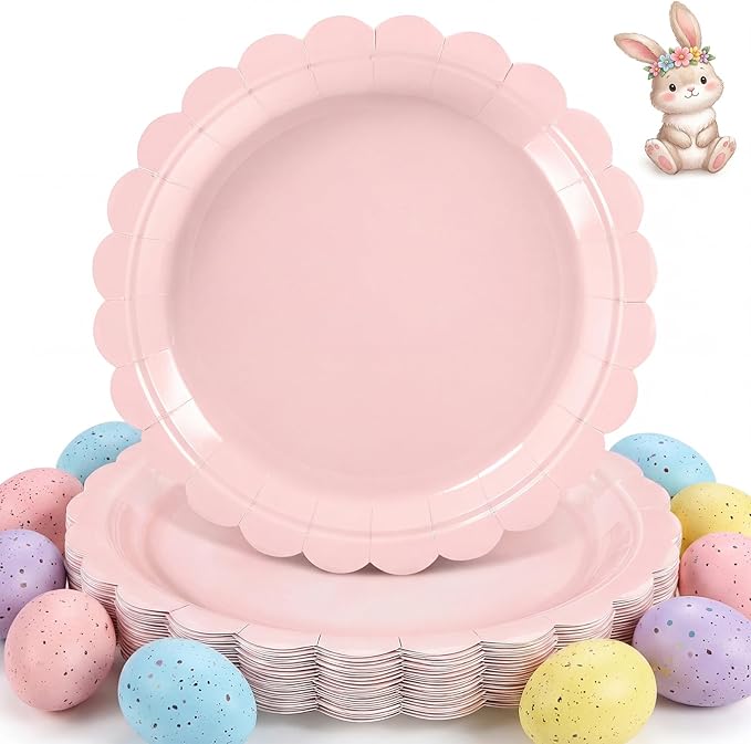 30 Pcs Pink Paper Plates 9 Inch Scalloped Pink Party Plates Cute Birthday Dessert Cake Plate for Easter, Baby Bridal Shower, Wedding, Mothers Day