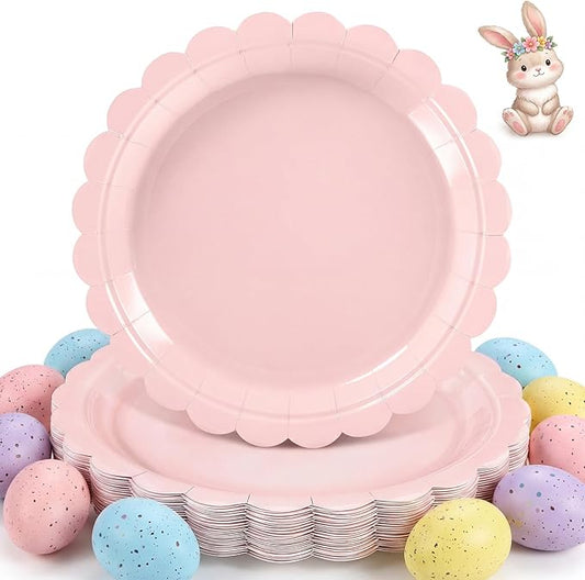 30 Pcs Pink Paper Plates 9 Inch Scalloped Pink Party Plates Cute Birthday Dessert Cake Plate for Easter, Baby Bridal Shower, Wedding, Mothers Day