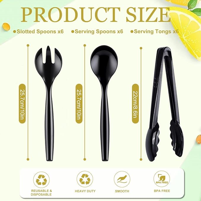 Mwellewm 18Pcs Serving Utensils, 10'' Plastic Serving Utensils Set, Disposable Serving Spoons for Buffet, Large Serving Tongs for Food, Heavy Duty Party Supplies for Salad Soup Cooking Catering(Black)
