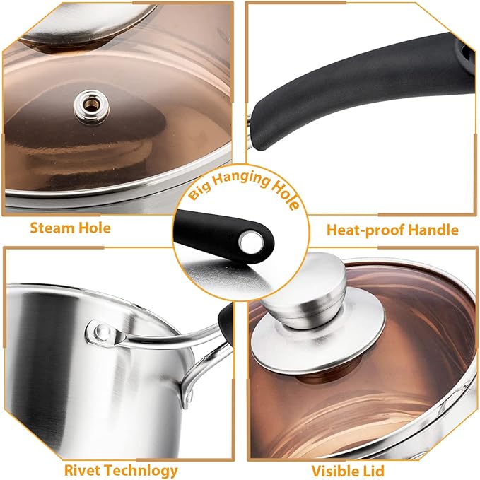 P&P CHEF 1 & 2 Quart Saucepan Small Pot, Stainless Steel Saucepan with Lid, Small Sauce Pan for Home Kitchen Restaurant Cooking, Visible Glass lid & Bakelite Heat-Proof Handles,Dishwasher Safe, 2 Pcs