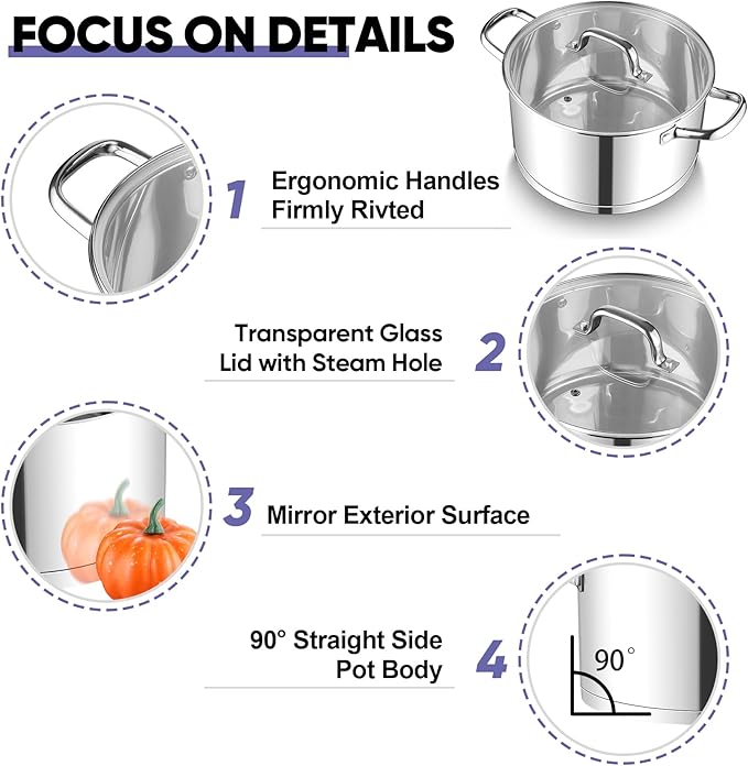 TeamFar 6QT Stainless Steel Stock Pot, Tri-ply Base Cooking Pasta Sauce Soup Pot with Glass Lid for Induction/Gas/Ceramic Stoves, Transparent Cover & Double Handles, Heavy Duty & Dishwasher Safe