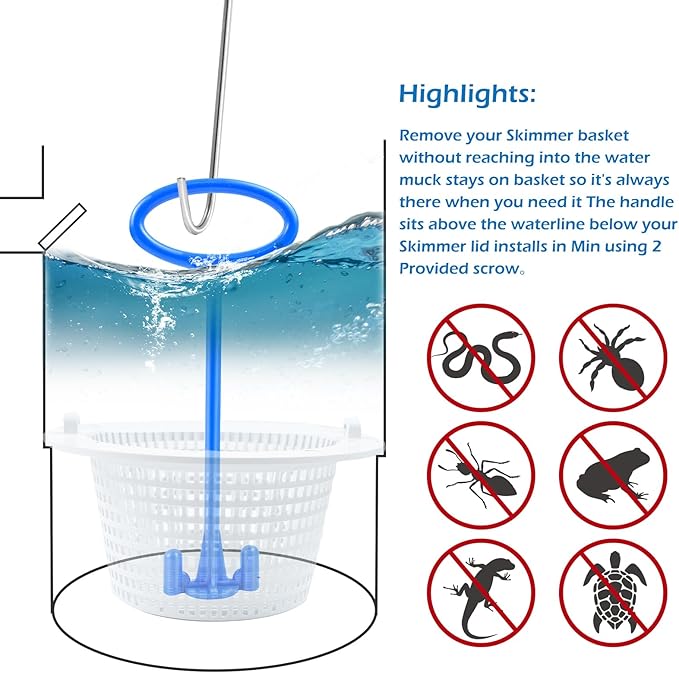 Skimmer Basket Handle, Universal Swimming Pool Skimmer Basket Handle Hook Pool Filter Basket Handle Fit All Inground Pool for Debris Removal Keep Hands Safe and Clean