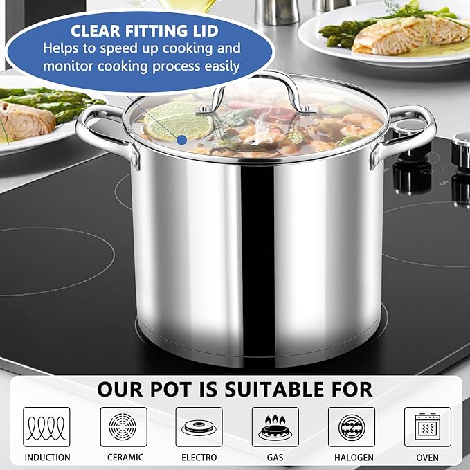 P&P CHEF 12 QT Stock Pot with Lid, Stainless Steel Large Cooking Pot, Soup Canning Stockpot for Stewing Simmering, Tri-ply Bottom for All Stoves, Heavy-Duty &Dishwasher Safe & Food-Grade