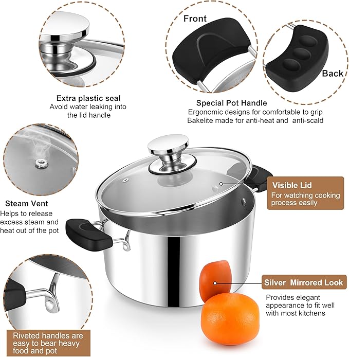8 Quart 3-Ply Cooking Stock Pot with Lid, P&P CHEF Stainless Steel Large Pot for Pasta Soup, Work on Multi Stove, Heavy Duty & Dishwasher Safe, Dual Heat-resistant Handles & Transparent Glass Lid