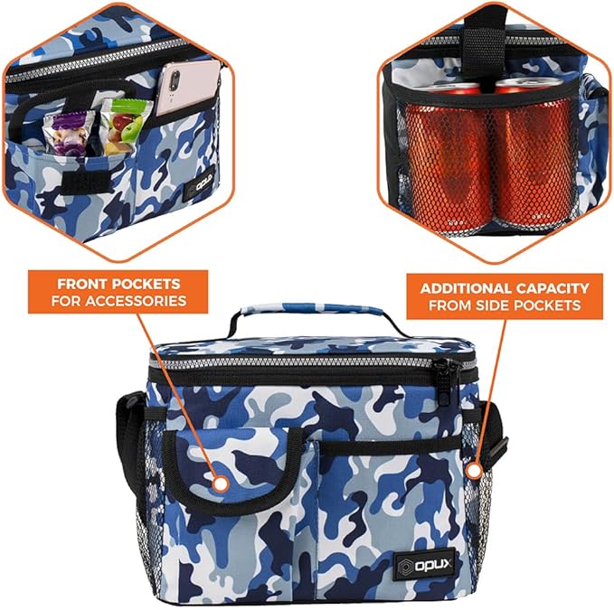 opux Insulated Lunch Bag for Men Women, Leakproof Camo Blue Lunch Box for Work, Portable Soft Lunch Cooler Bag with Shoulder Strap, Adult Lunchbox Lunch Pail for Kid Boy Girl School, 14 Can/8L