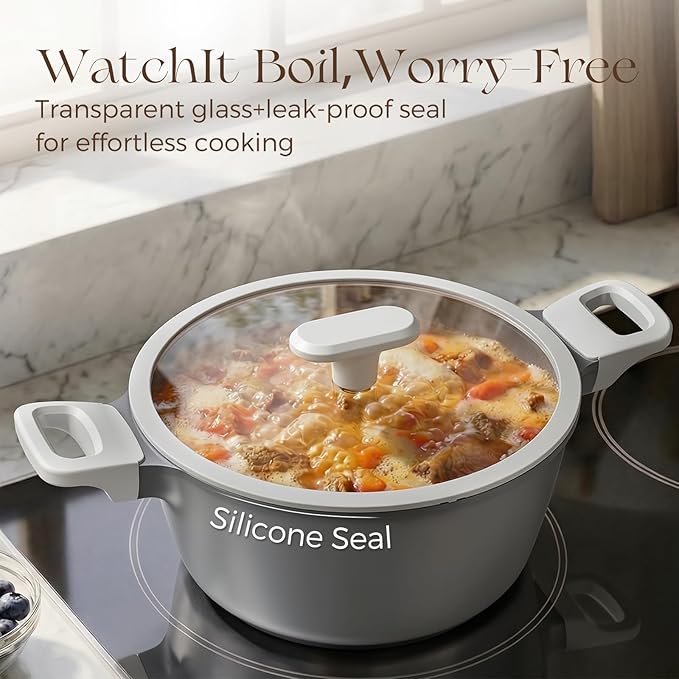 PRICUSIS Ceramic Nonstick Stock Pot with Silicone Rim Glass Lid, 4.5/7QT Soup Pot Casserole, Cooking Pot, Induction Compatible, Dishwasher Safe, Ideal for Pasta & Stews, PTFE PFOA Free, Blueberry Gray