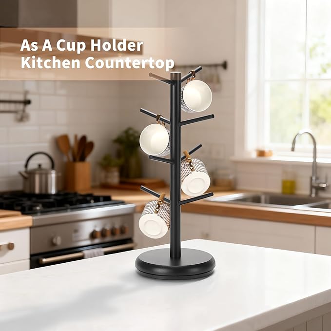 BAMBANG Coffee Mug Tree, 360° Rotating Bamboo Cup Holder Tree for Counter Top, Mug Rack with 8 Hooks, Mug Stand for Coffee Bar, Home, Black