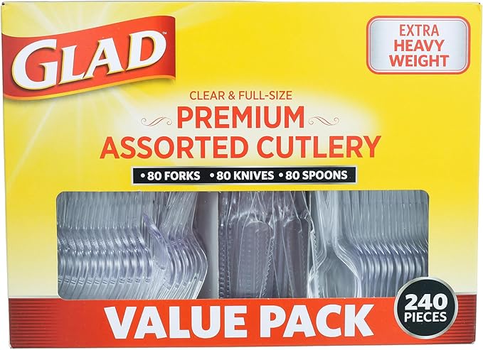 Glad Clear Disposable Cutlery Set with Heavy Duty Plastic Forks, Knives, and Spoons, Reusable Dishwasher Safe Plastic Utensils for Parties and Everyday Use, 240 Count