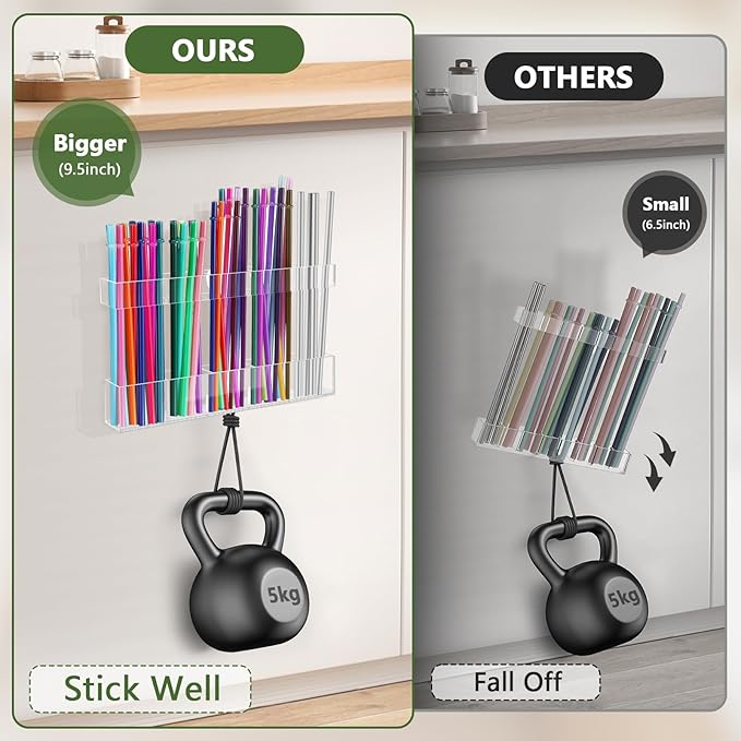 9.5" Large Acrylic Straw Holder for Cabinet Door - Reusable Tumbler Straw Organizer Storage, Small Kitchen Accessories Container, Ultra Sticky Cupboard Door Mounted (Transparent)