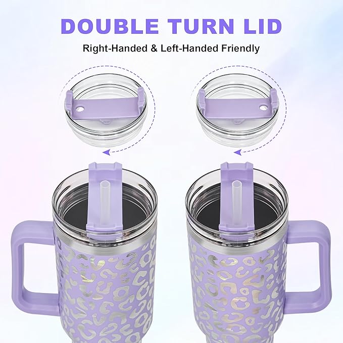 40 oz Tumbler with Handle and Straw, 100% Leak-Proof Travel Mug, Stainless Steel Double Wall Vacuum Insulated Coffee Cup Keeps Cold For 34 Hours, Dishwasher Safe, Lavender Leopard