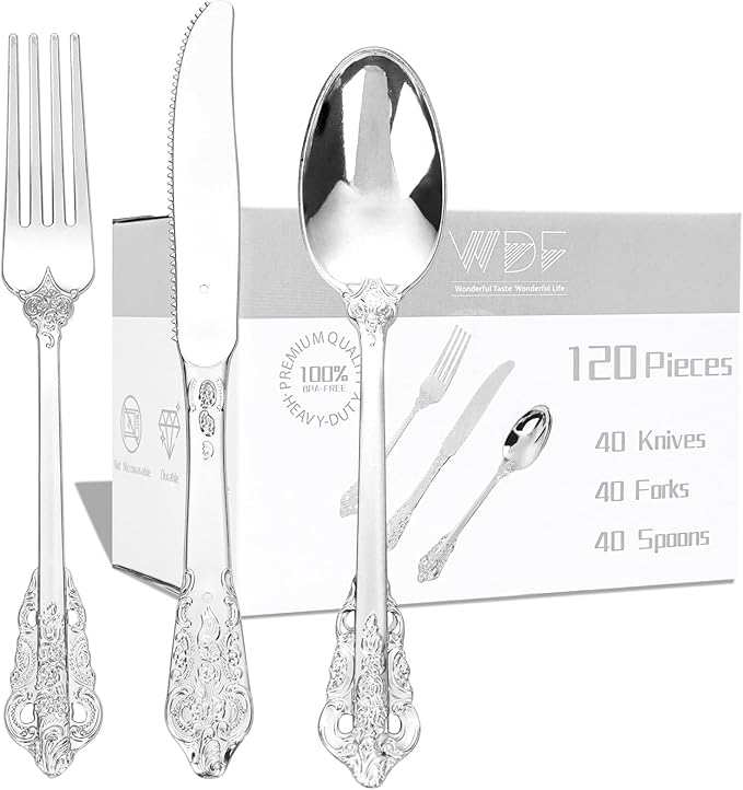 WDF 120PCS Silver Plastic Silverware - Heavy Duty Silver Plastic Cutlery Set - 40 Forks, 40 Spoons, 40 Knives, Perfect for Parties Weeding Baby Shower Spring