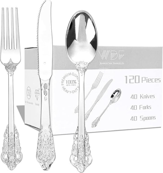 WDF 120PCS Silver Plastic Silverware - Heavy Duty Silver Plastic Cutlery Set - 40 Forks, 40 Spoons, 40 Knives, Perfect for Parties Weeding Baby Shower Spring