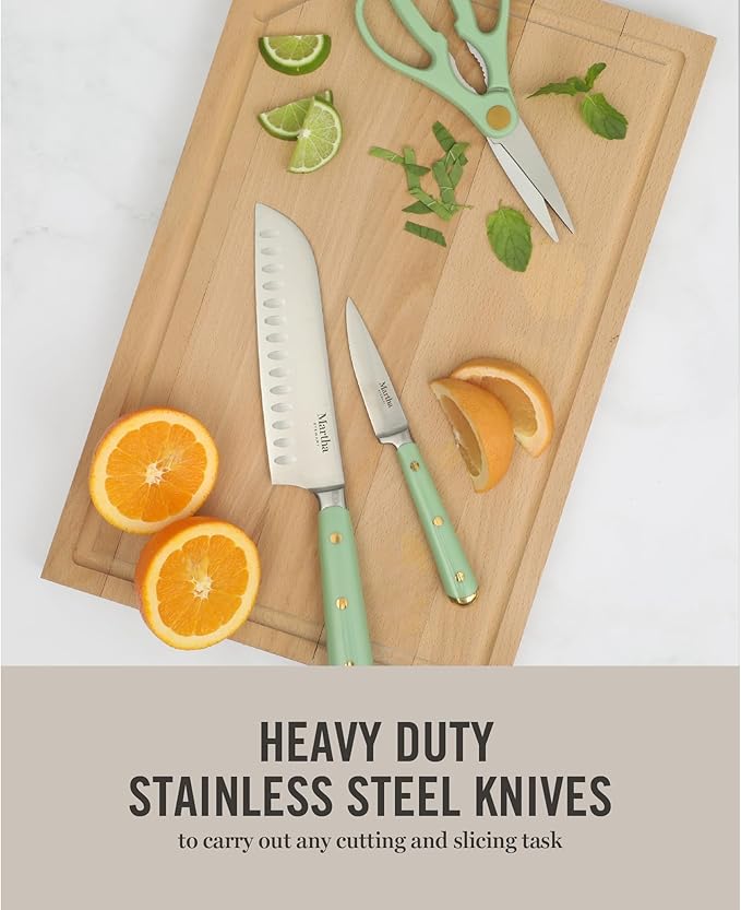 Martha Stewart 16 Piece Lockton High Carbon Stainless Steel Cutlery Kitchen Knife Block Set W/ABS Triple Riveted Forged Handle Acacia Wood Block - Sage Green W/Gold