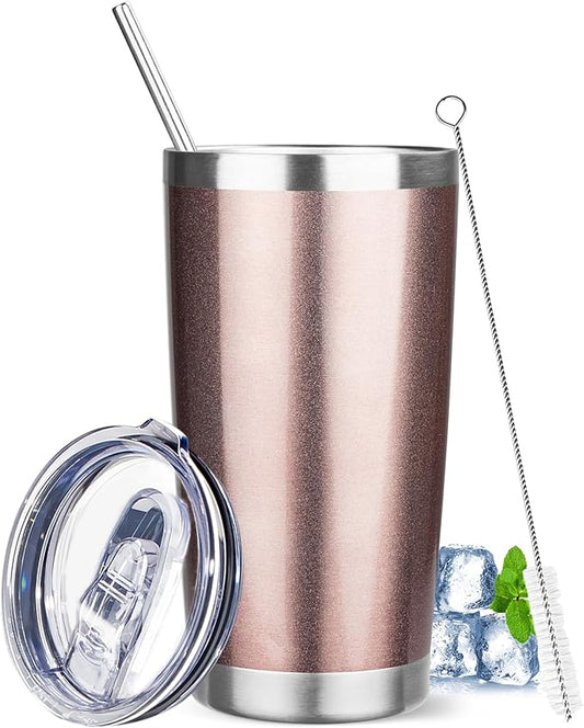 20 oz Tumbler with Lids and Straws, Stainless Steel Insulated Travel Coffee Mug, Double Wall Vacuum Insulated Tumblers, Powder Coated Coffee Tumbler for Cold & Hot Drinks (Rose Gold)
