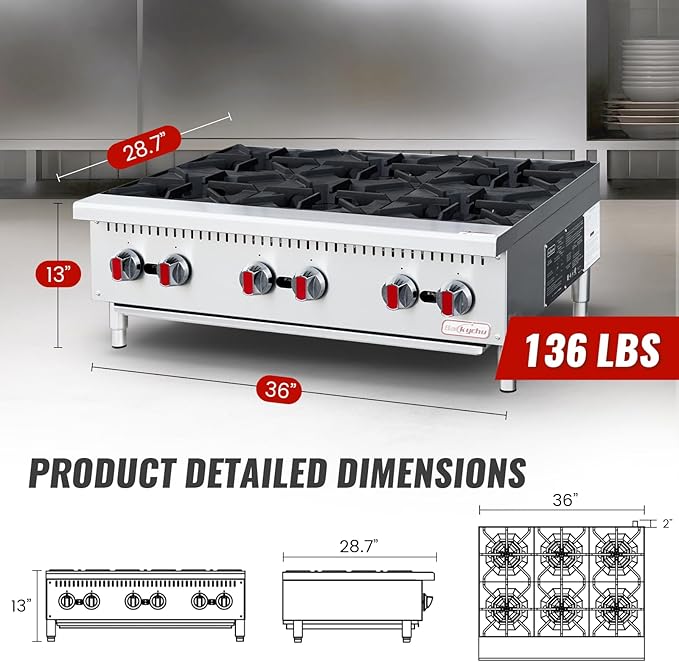 Commercial Gas Stove 6-Burner - 150,000 BTU Countertop Cooking Stove Range, Heavy-Duty Hot Plate, Stainless Steel Cooking Equipment for Restaurant, kitchens, Propane/Natural Gas