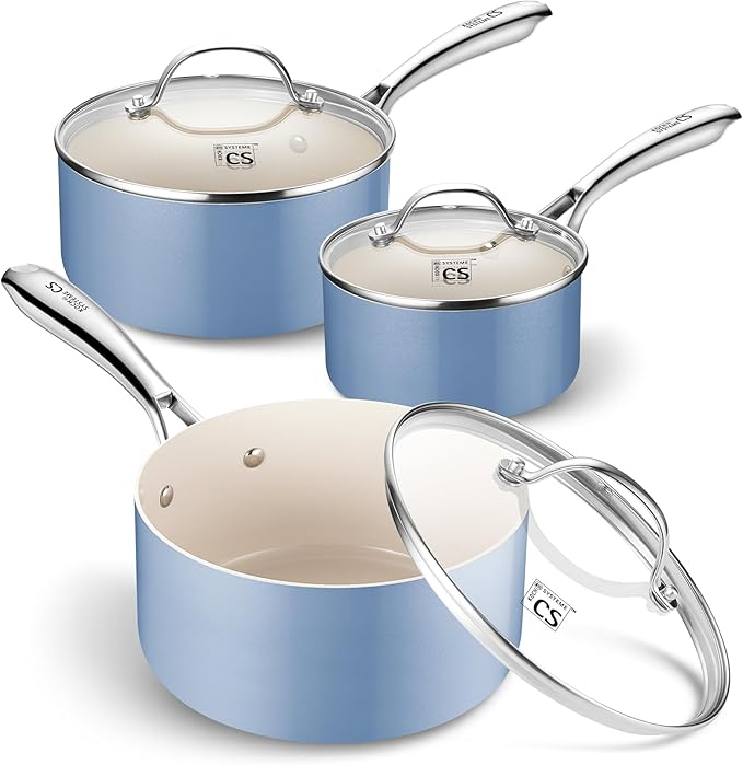 KOCH SYSTEME CS Nonstick Sauce Pan with Lid 1QT, 2QT & 3QT, Non-Toxic Ceramic Saucepan Set, Blue Sauce Pan Set, Multipurpose Cooking Pots Set, Compatible induction