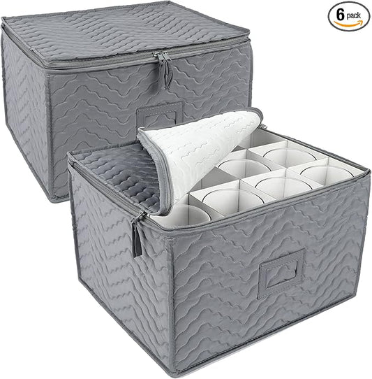 LotFancy Stemware Storage Containers, 2-Pack, Deluxe Quilted Storage Case with Dividers for 24 - Wine Glasses, Champagne Flutes, Glassware, Drinkware Storage Box Chest, 15.5”x12.5”x 10”, Gray