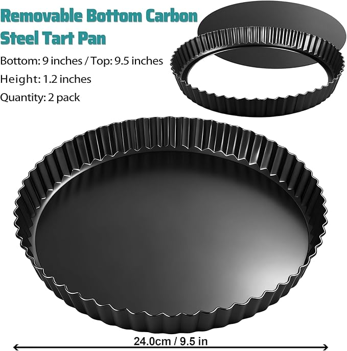 Tart Pan 2 Pack, 9 Inch Non-Stick Carbon Steel Pie Pan, Tart Pans with Removable Bottom - Perfect Molds for Making Quiches, Brownies, and Fruit Tarts with Grooved Edges