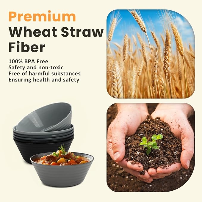 Homienly Wheat Straw Bowls 50 OZ, Reusable Unbreakable Large Cereal Bowls Soup Bowl Set, 6 PCS Microwave Safe Bowl for Kitchen, Camping, Family Dinner, Ramen, Popcorn - Black Grey