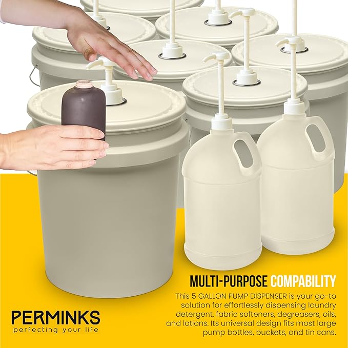 5 Gallon Pump Dispenser - Pump for 5 Gallon Bucket, Jug, Bottle, Large Container - Great for Shampoo & Conditioner, Laundry Detergent, Snow Cone Syrup, Bleach Liquid, Oil & More (Pack of 6)