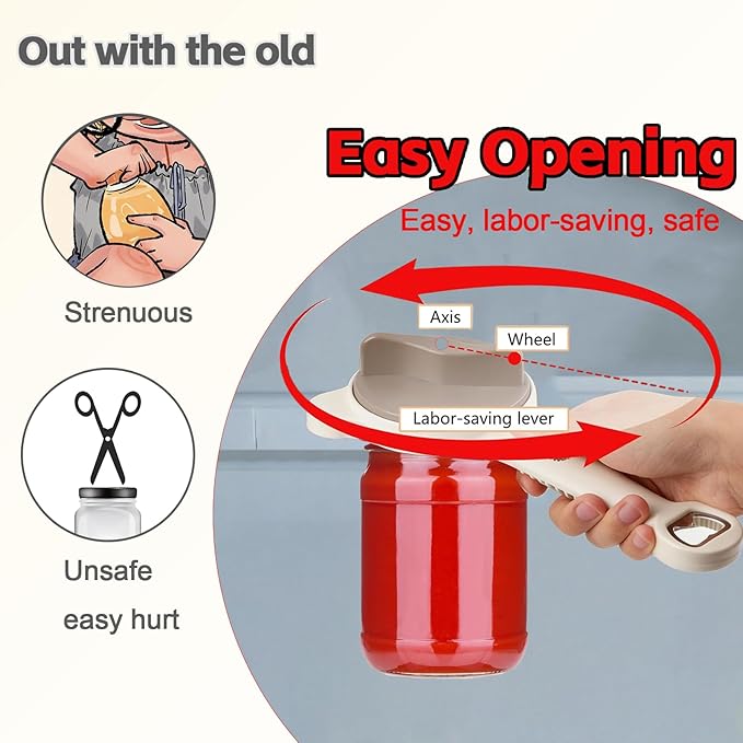 4 in 1 Jar Openers for Seniors – Jar Lid Opener, Cap Crack Opener & Multifunctional Can Opener, Easy Grip Handle for Effortless Opening, Minimize Kitchen Helper