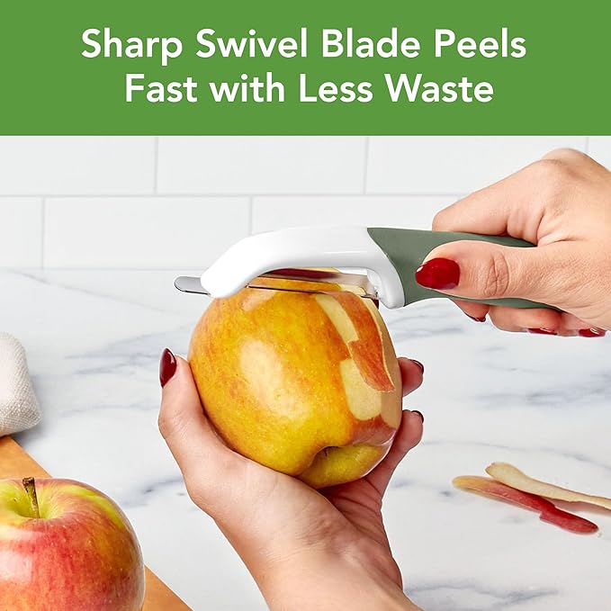 Tovolo Vegetable Peeler with Ultra Sharp Stainless Steel Swivel Blade Non Slip Handle, Multi Functional Dishwasher Safe Kitchen Wide Ribbon Potato Peeler for Fruit Veggies Carrots Apples, Thyme Green