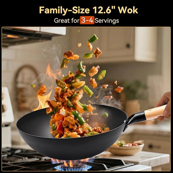 WANGYUANJI Carbon Steel Wok Pan - 12.6 Inch Flat Bottom Iron Wok, Woks & Stir-Fry Pans, Carbon Steel Pan for Induction Cookware and Gas Stoves