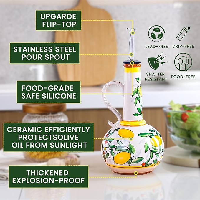 Ceramic Olive Oil Dispenser Bottle – 18.3 oz Oil Cruet with Spout and Handle, Lemon Pattern, 10.2” Tall – Non-Drip Pourer for Kitchen Counter, Salad Dressing, Vinegar, Decorative Oil Container