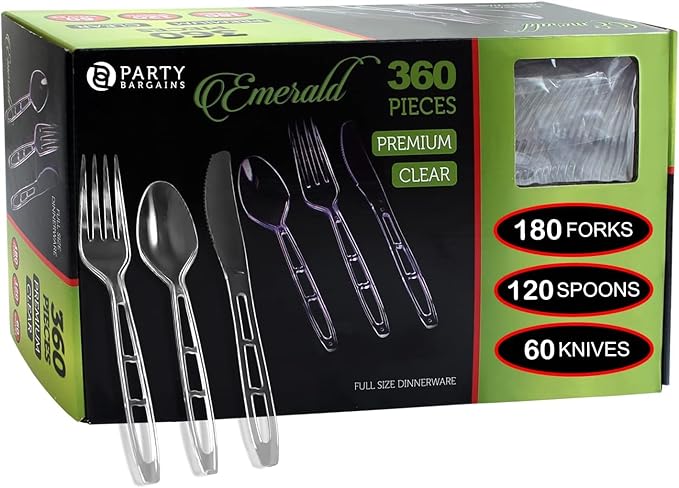 PARTY BARGAINS Emerald Settings Clear Plastic Cutlery Set 360-Piece – 180 Forks, 120 Spoons, 60 Knives – Heavy-Duty Disposable Utensils for Parties, Weddings, Buffets, BBQs & Catering – BPA Free