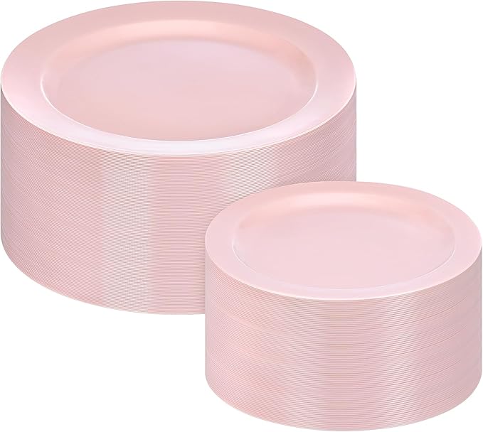 Moretoes 200PCS Pink Plastic Plates Disposable 10inch Dinner Plates and 7inch Dessert Salad Plates Heavy Duty Plates for Wedding Party and Birthday