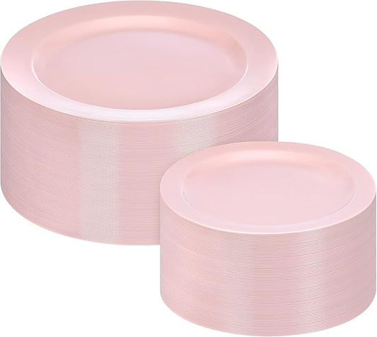 Moretoes 200PCS Pink Plastic Plates Disposable 10inch Dinner Plates and 7inch Dessert Salad Plates Heavy Duty Plates for Wedding Party and Birthday