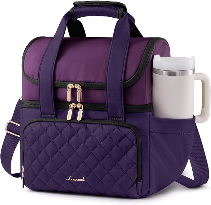 LOVEVOOK Insulated Lunch Bag For Women,X Large Double Deck Adult Lunch Box,Teacher Lunch Tote Bag With Cup Holder,Leakproof Cooler Bag With Adjustable Shoulder Strap For Work Picnic Beach,Larger 24L
