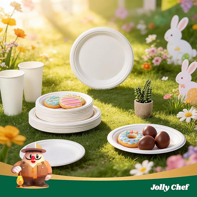 JOLLY CHEF Compostable Heavy Duty Plates 𝟳 𝗶𝗻𝗰𝗵 𝗮𝗻𝗱 𝟵 𝗶𝗻𝗰𝗵 [𝟭𝟮𝟬 𝗣𝗮𝗰𝗸] Eco-Friendly Disposable Paper Plates Bagasse Biodegradable Sugarcane for Party Hot Coold Food Christmas(White)