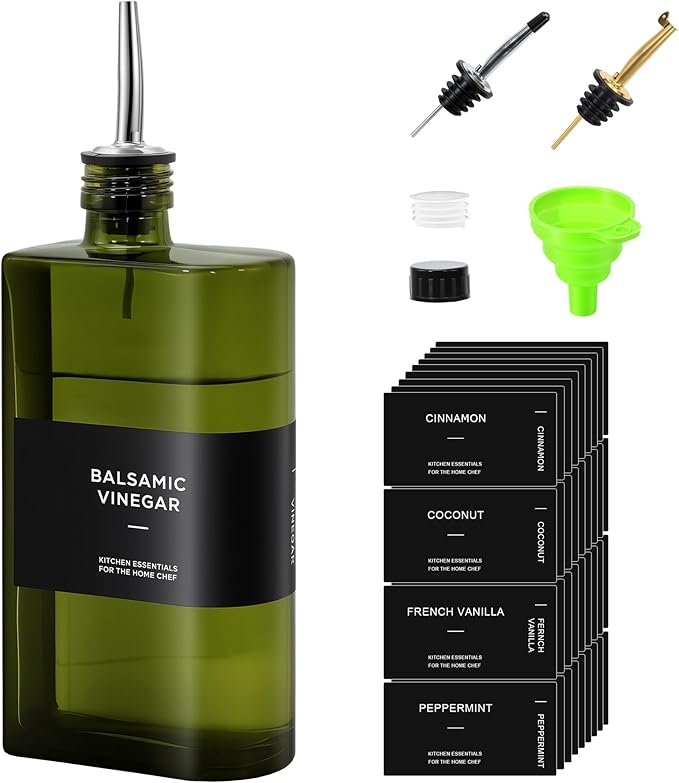 R DRURLCD Green Glass Olive Oil Dispenser, 16.9oz/500ml Curved Cooking Oil and Vinegar, Soy Sauce Dispenser, Coffee Syrup Bottles，2 Gold Silver Stainless Steel Pourers, 36 Labels，Funnel