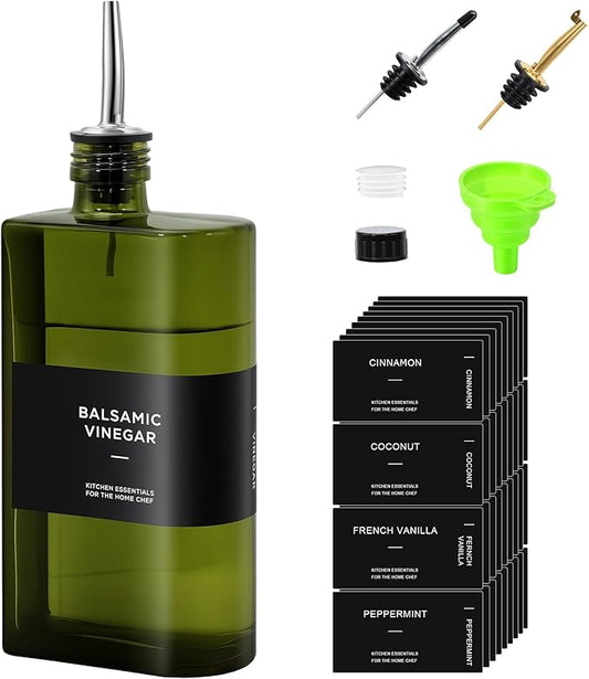 R DRURLCD Green Glass Olive Oil Dispenser, 16.9oz/500ml Curved Cooking Oil and Vinegar, Soy Sauce Dispenser, Coffee Syrup Bottles，2 Gold Silver Stainless Steel Pourers, 36 Labels，Funnel