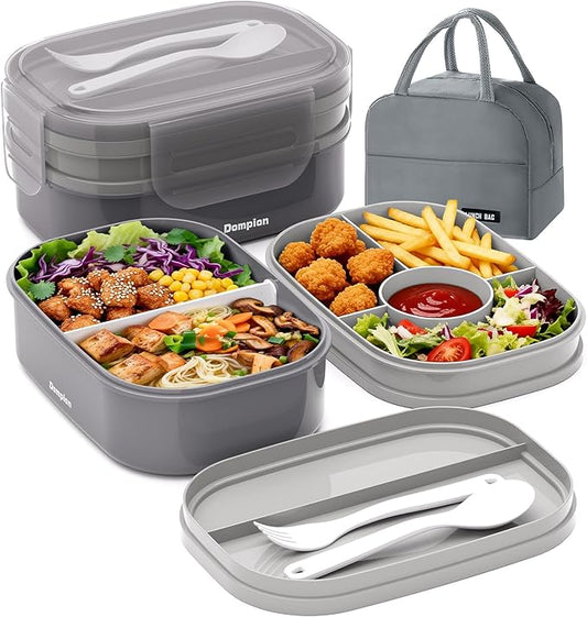 2 Layers Bento Box, All-in-One Stackable Lunch Container with Compartments, 64oz Leakproof Microwave Safe Dishwasher Safe Bento Box with Lunch Bag and Utensil Set for Kids and Adults