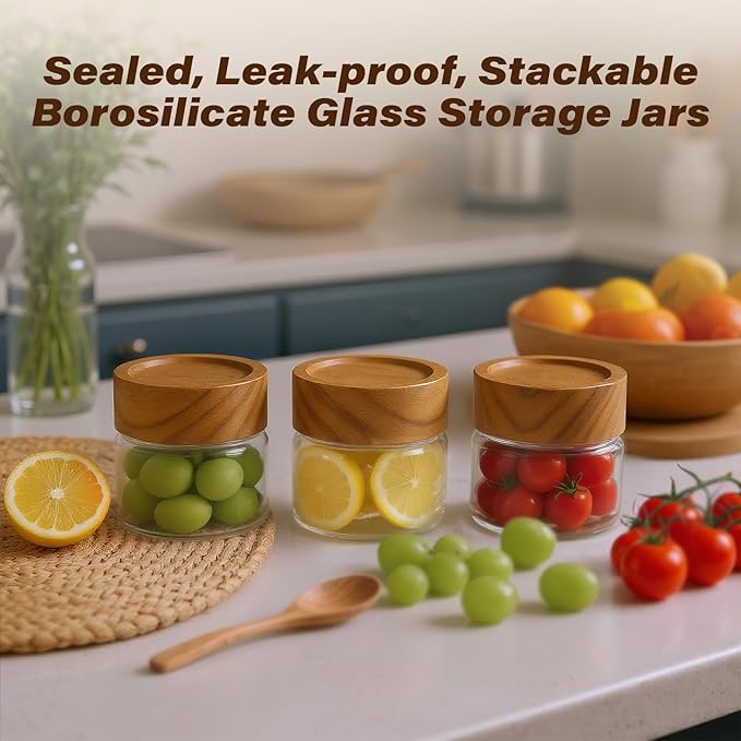 2-Pack 4 fl oz Leakproof Mason Jars with Airtight Acacia Wood Lids - Small Glass Food Storage Containers for Overnight Oats, Spices, Snacks, Kitchen Pantry Organization