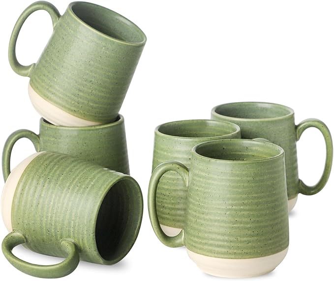 HASENSE Coffee Mugs, 15oz Ceramic Coffee Mugs Set of 6, Large Coffee Cups with Handle for Cocoa, Latte, Tea and Hot Chocolate, Coffee Mugs for Men and Women, Microwave and Dishwasher Safe, Green