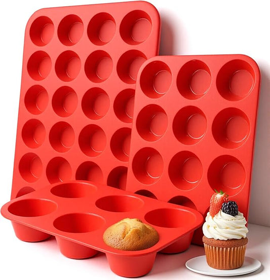 3 Pcs Silicone Muffin Pan Set, Silicone Muffin Pans for Baking Red 24/12/6 Cups Mini/Regular/Jumbo Non-Stick Cupcake Pan for Kitchens, Restaurants, Bakeries