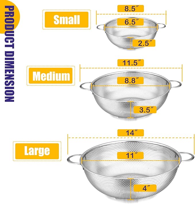 E-far Stainless Steel Colander Set of 3 (1-3-5Quart), Micro-Perforated Metal Colander Strainer with Handle for Kitchen/Draining Pasta/Rinsing Vegetables Fruits, Heavy Duty & Dishwasher Safe