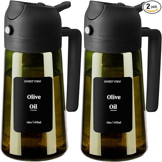 2PCS Olive Oil Dispenser and Oil Sprayer – 16oz/470ml Glass Light-Proof Oil Pourer for Kitchen Air Fryer, Cooking, Salad, and BBQ, with Stickers