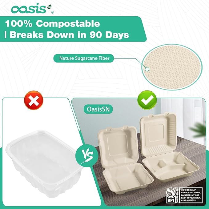𝟴𝘅𝟴", 𝟲𝟴-𝗣𝗮𝗰𝗸 3-Compartment Clamshell Takeout Containers, 100% Compostable Heavy-Duty Disposable Paper Lunch Boxes(Natural)