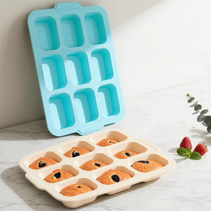 Nonstick Silicone Mini Loaf Pans: 9-Cavity Small Banana Bread Loaf Pans for Baking Cornbread with Metal Frame - Mini Meatloaf Tin for Oven - Brownie Tray for Baker Baking Lover (Beige & Mint Green)