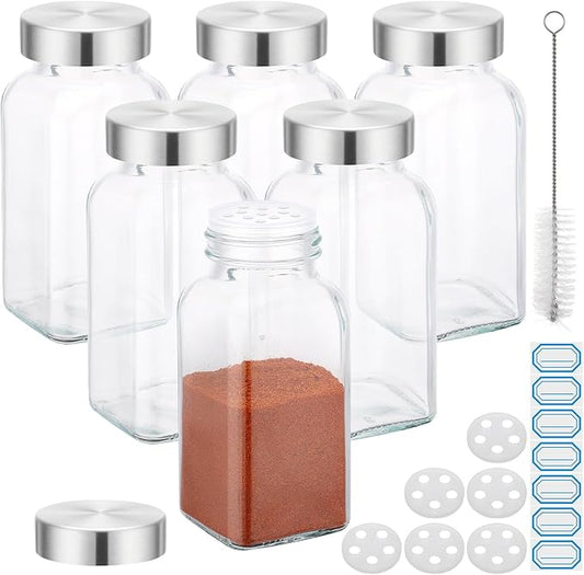 Segarty 6oz Spice Jar with with Wood Lids, 6 Pack 180ml Square Jars with Labels, Clear Empty Seasoning Containers Glass Cereal Containers Storage Set, Large Spice Bottles with 7 Stickers and 1 Brush