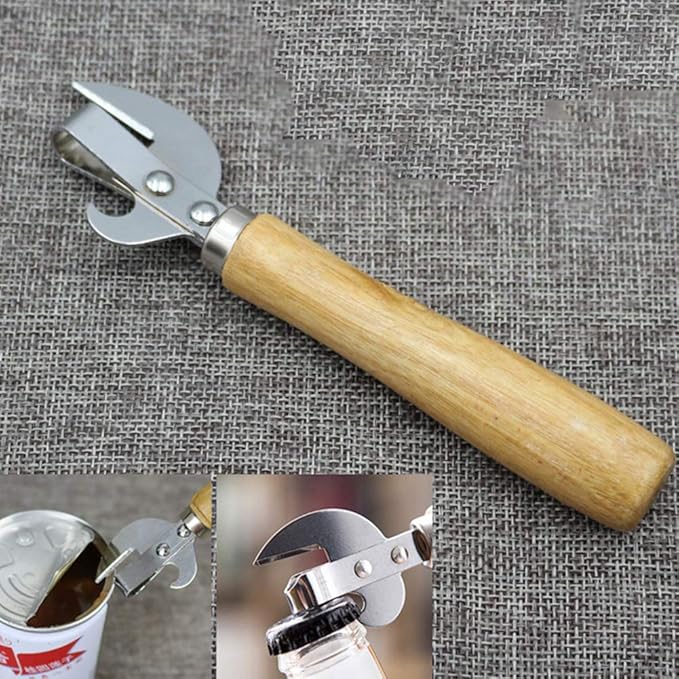 2PCS Manual Can Opener, Stainless Steel Bottle Opener Manual with Wooden Handle, Easy Open Multifunctional Side Cut Traditional Stab Can & Tin Opener for Kitchen Camping Traveling