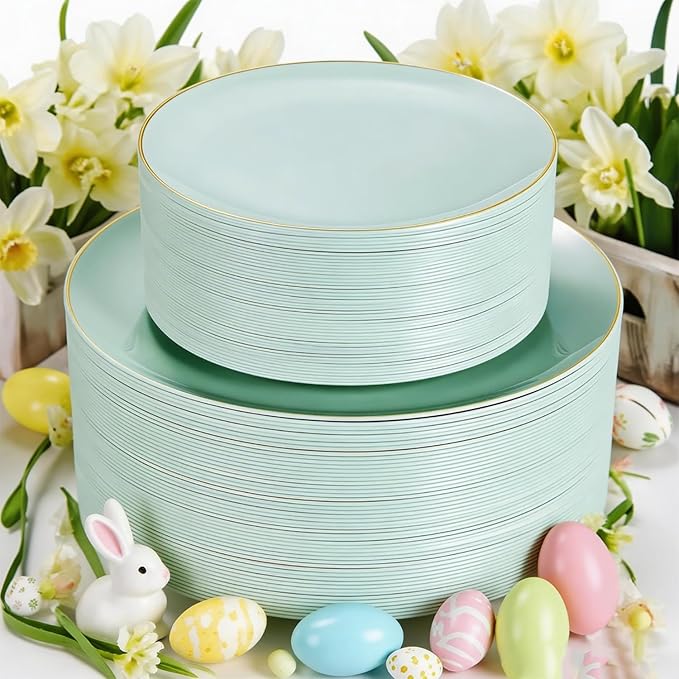 PULOTE 100PCS Sage Green Plastic Plates - Disposable Sage Green Include 50 Dinner / 50 Dessert Plates for Party, Wedding&Easter