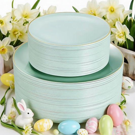 PULOTE 100PCS Sage Green Plastic Plates - Disposable Sage Green Include 50 Dinner / 50 Dessert Plates for Party, Wedding&Easter