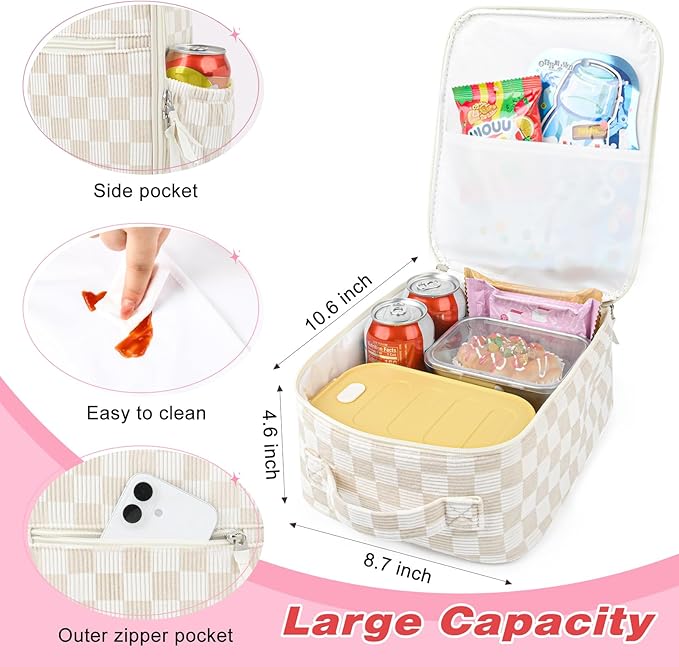 Aileam Lunch Box Lunch Bag for Women Cute Girls Insulated Womens Lunch Bag For Work Quilted Large Capacity Reusable Insulated Cooler for Work School Picnic Travel Beige Checker