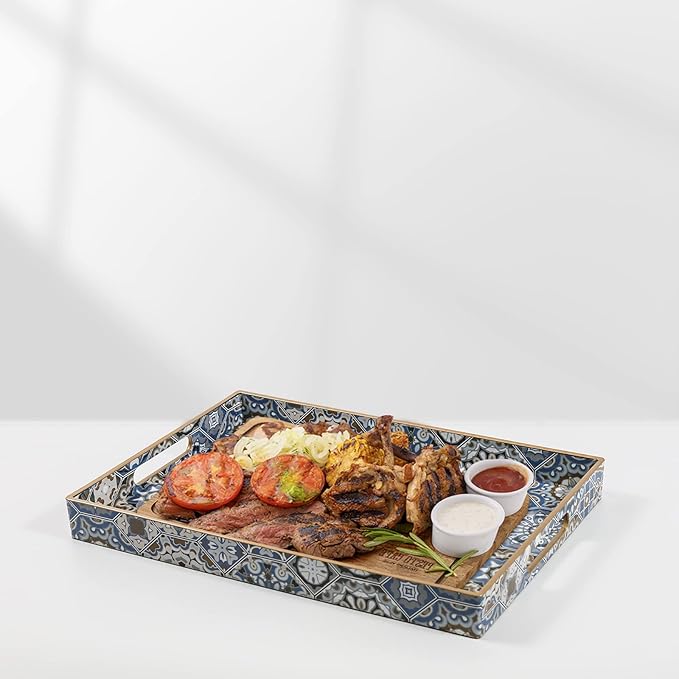 2 Pcs Serving Tray with Handles Bohemian Decorative Tray Large Ottoman Trays for Living Room Blue Coffee Table Trays for Breakfast